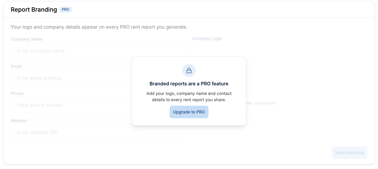 The Report Branding setup card — company name, email, phone, website, and logo upload — shown as a PRO feature