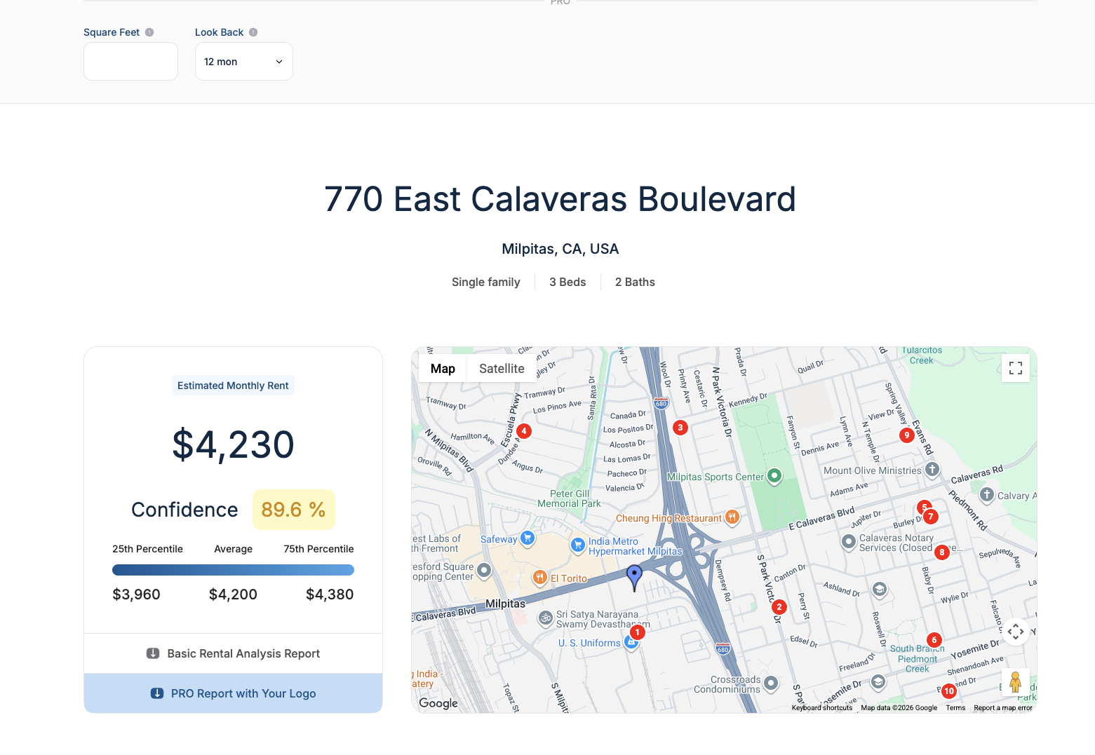 Rentest rent estimate for 770 E Calaveras Blvd, Milpitas showing $4,230 at 89.6% confidence in yellow, with a tighter comp range of $3,960 to $4,380