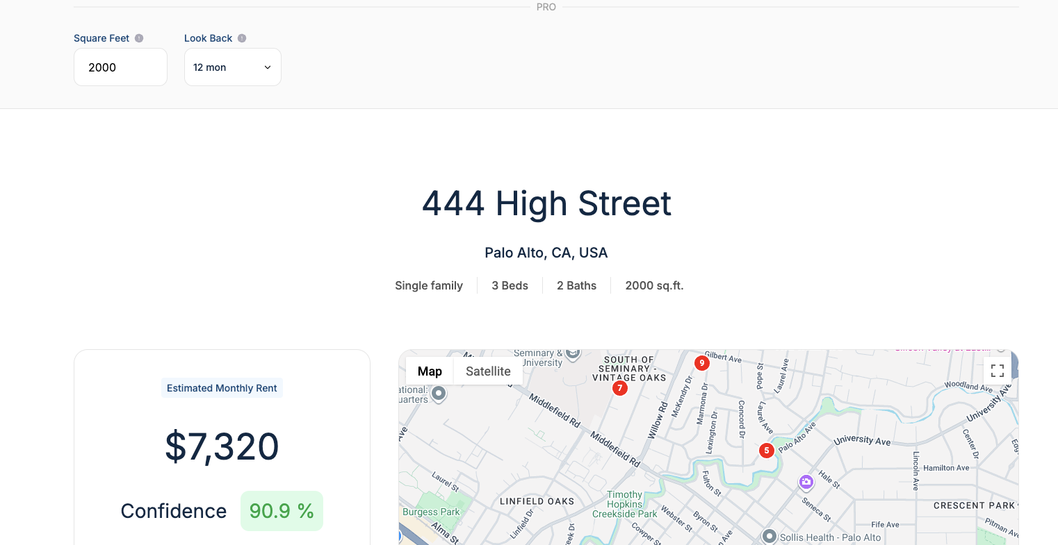 Rentest rent estimate with Square Feet set to 2000 entered as a property input, shifting the estimate up to $7,320