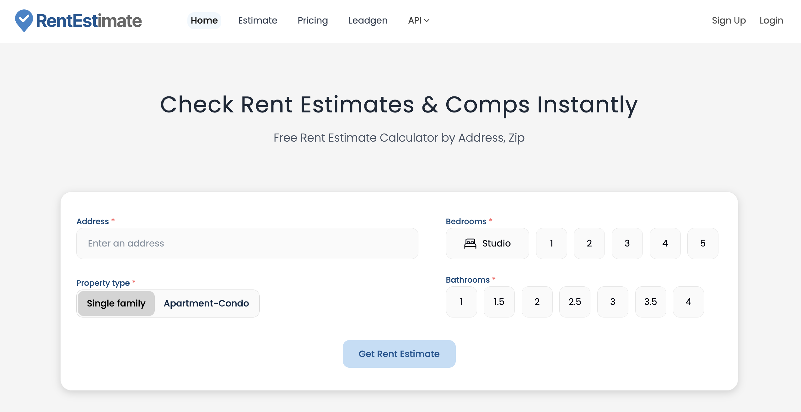 RentEst rent estimate search form with fields for address, property type, bedrooms, and bathrooms