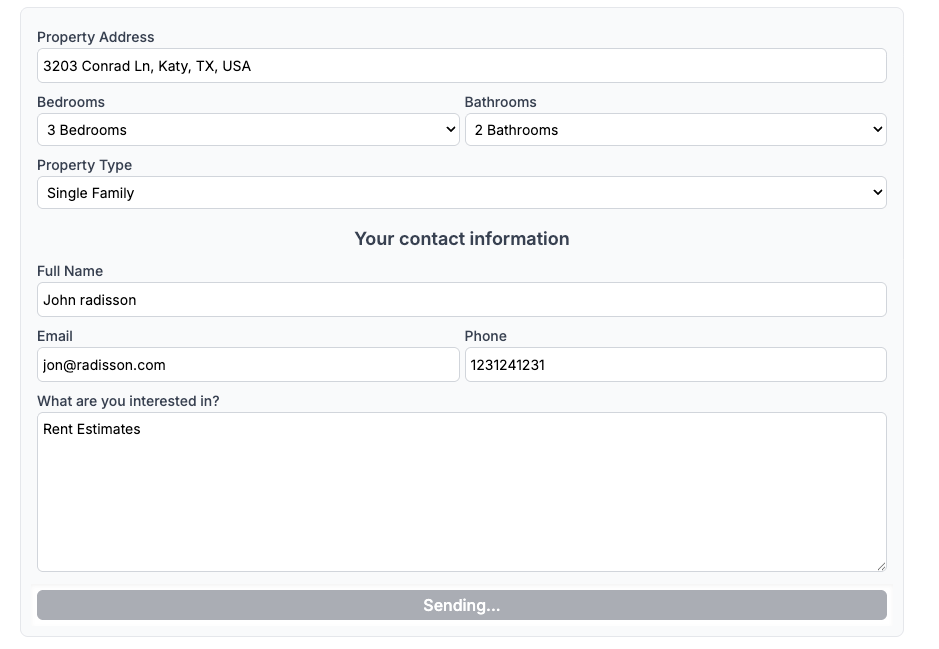 The public lead-capture form a visitor fills out: property address, bedrooms, bathrooms, property type, and name/email/phone