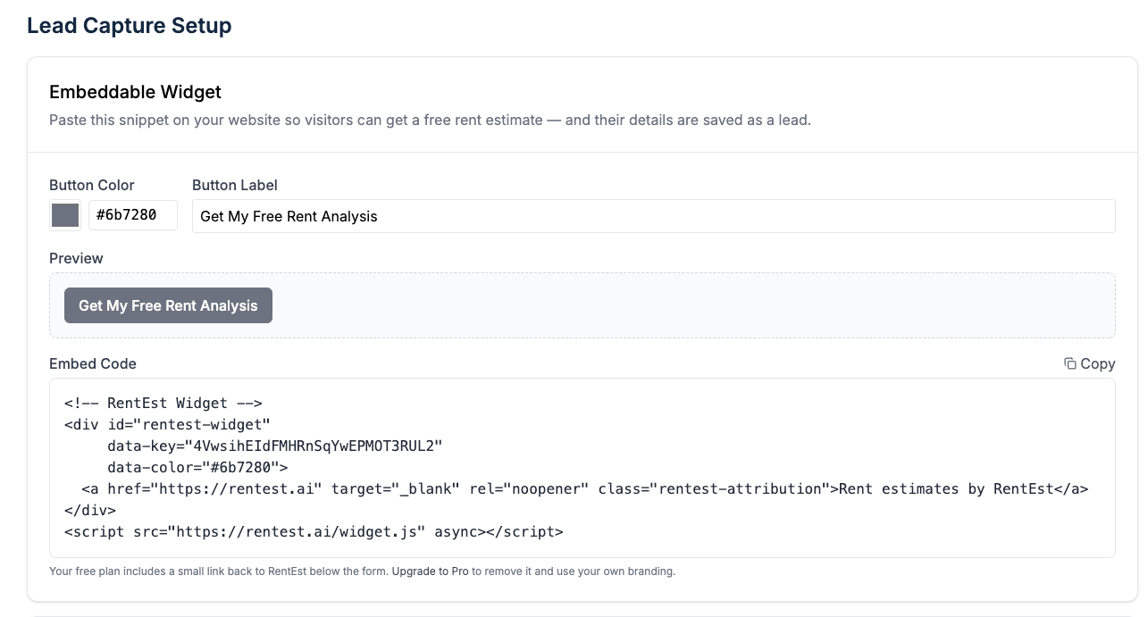 RentEst Lead Capture Setup — button color and label fields, a live button preview, and the copy-paste embed code snippet