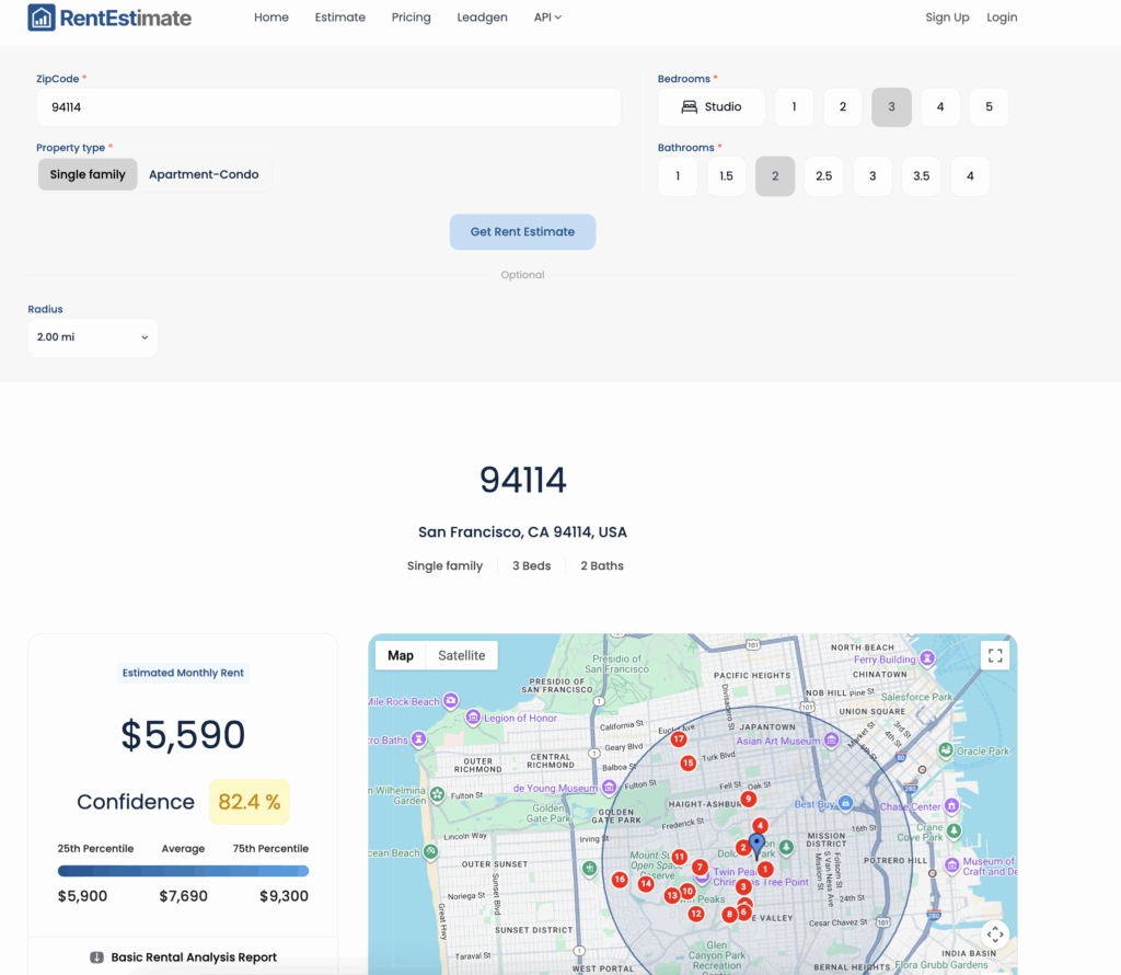 RentEstimate result for zip code 94114 in San Francisco, single family, 3 beds 2 baths, showing $5,590 estimated monthly rent at 82.4% confidence with a 25th-to-75th percentile range of $5,900 to $9,300 and comps mapped.