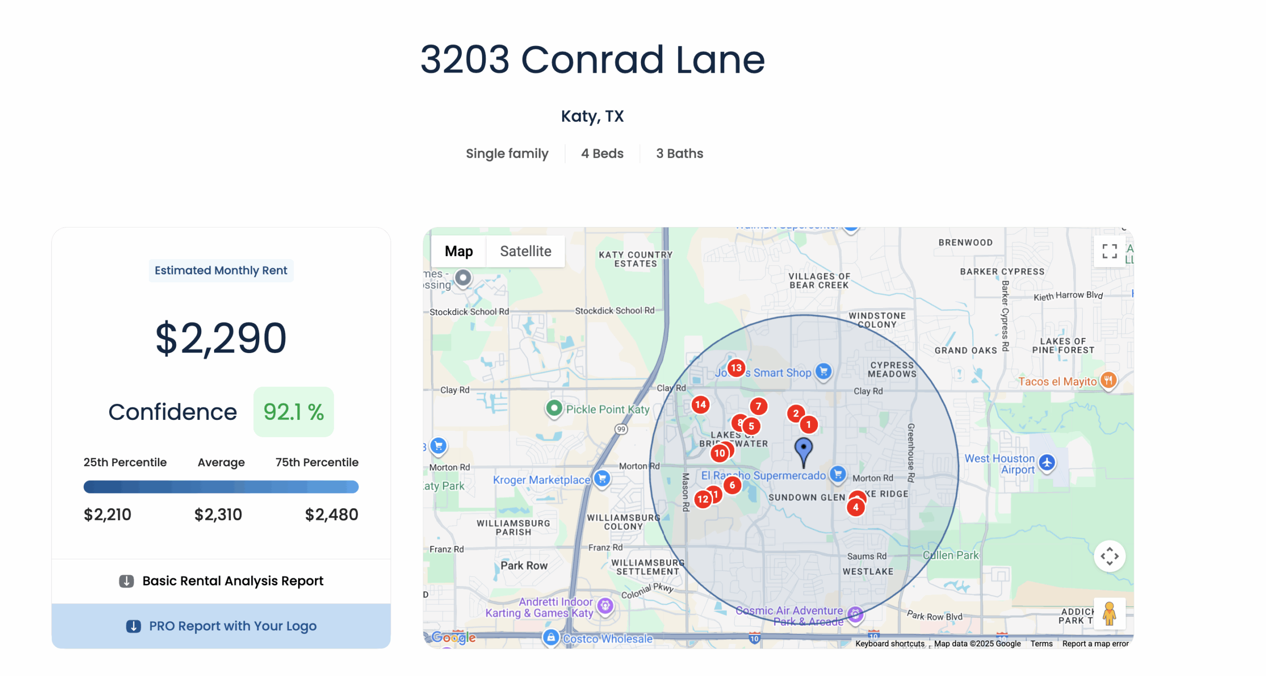 Rentest.ai rent estimate for 3203 Conrad Lane, Katy TX: $2,290 estimated monthly rent at 92.1% confidence, with comparable rentals plotted on a map