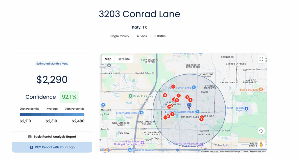 Color-coded map of comparable rentals around 3203 Conrad Lane, showing how nearby listings compare to the subject property