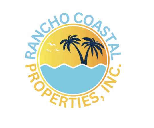 Rancho Coastal Properties, Inc. logo, a palm-tree-and-ocean design in blue and gold.