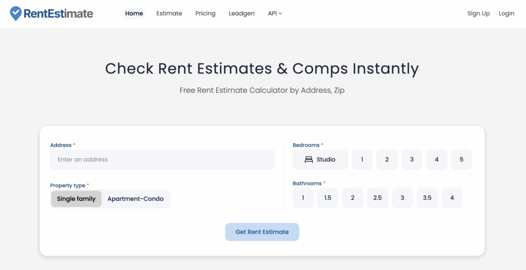 Rentest.ai homepage rent estimate form with fields for address, property type, bedrooms, and bathrooms