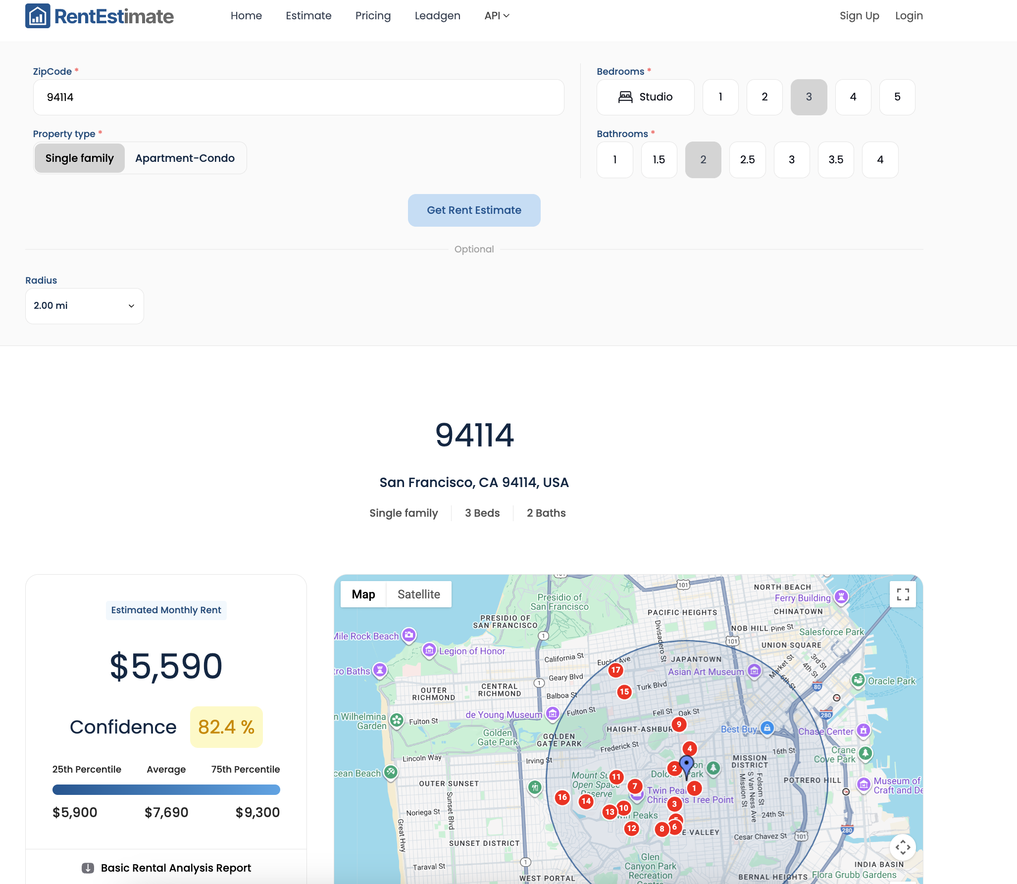 Rentest.ai ZIP code rent estimate for 94114 in San Francisco: estimated monthly rent of $5,590 with a percentile range and comparable rentals on a map